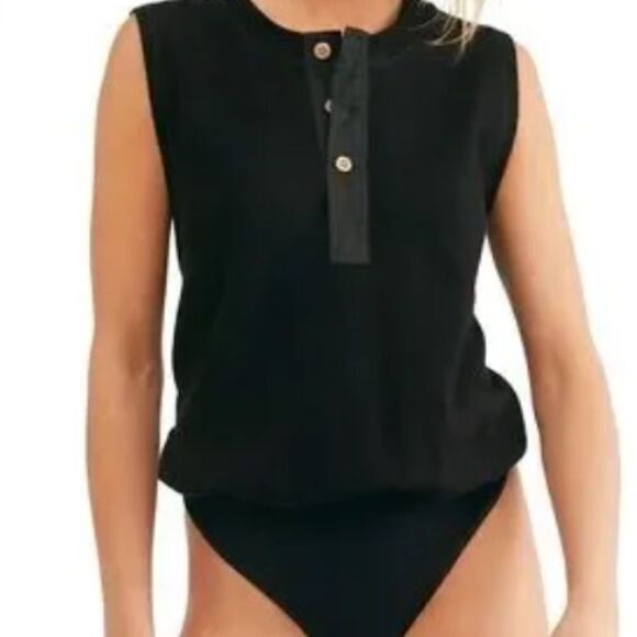 Free People Bodysuit Top Textured Black Peek Aye Henley Intimately Free Small - Picture 1 of 4